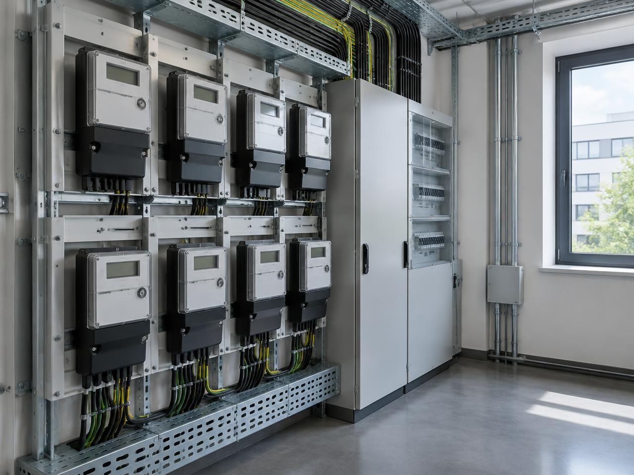 Mehrere Stromzähler in einem Gewerbegebäude