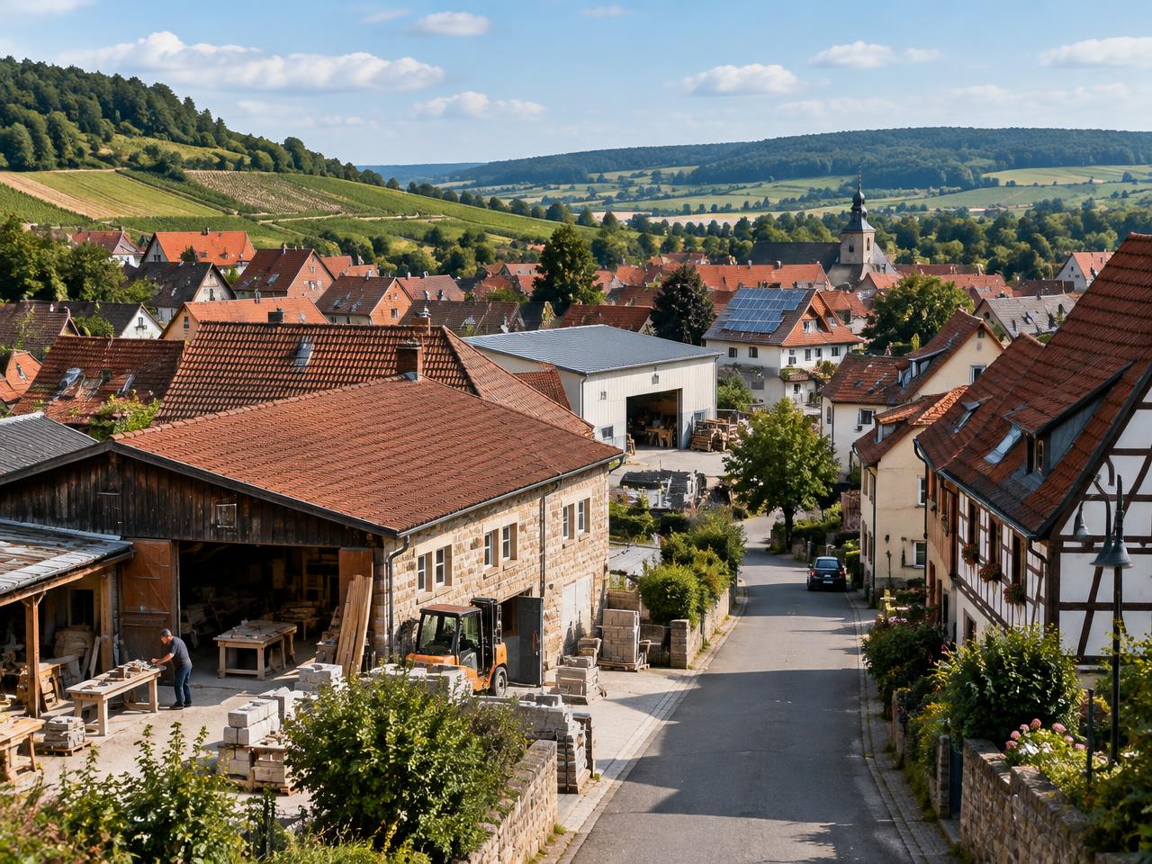 Illustrative Ansicht einer fränkischen Ortschaft mit Gewerbe und Landschaft